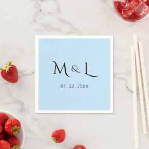 Serviette En Papier Élégant bleu pastel noir Monogramme & Date Mariage
