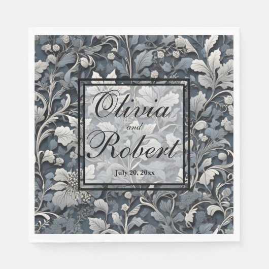 Serviette En Papier Élégant bleu poussiéreux argenté blanc gris floral (Devant)