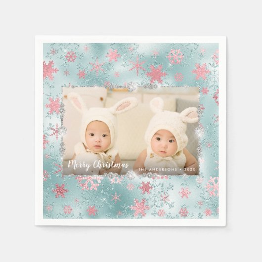 Serviette En Papier Élégant bleu rose or flocons de neige photo person (Devant)