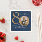 Serviette En Papier Elegant Blue and Gold Custom Photo 80th Birthday (En situation)