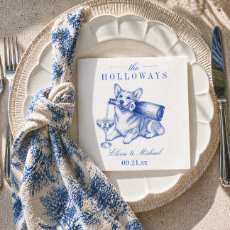 Serviette En Papier Elegant Blue Chinoiserie Corgi Wedding