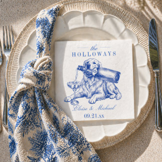 Serviette En Papier Elegant Blue Chinoiserie Golden Retriever Wedding