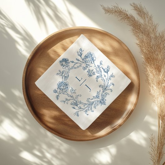 Serviette En Papier Elegant Blue Floral Crest Monogram Wedding