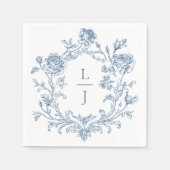 Serviette En Papier Elegant Blue Floral Crest Monogram Wedding (Devant)