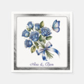 Serviette En Papier Elegant Blue Roses and Butterfly Silver Wedding (Devant)