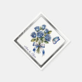 Serviette En Papier Elegant Blue Roses and Butterfly Silver Wedding (Coin)