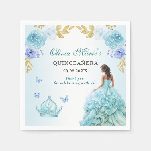 Serviette En Papier Elégant Blush Blue Floral Quinceañera Anniversaire (Devant)