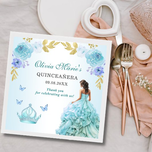 Serviette En Papier Elégant Blush Blue Floral Quinceañera Anniversaire