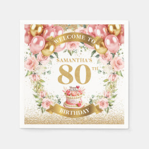 Serviette En Papier Élégant Blush Floral 80e Anniversaire de fête Napk