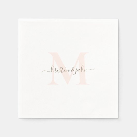 Serviette En Papier Élégant Blush & Gold Monogram Mariage Swash (Devant)