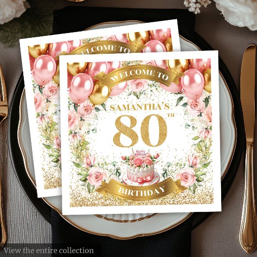 Serviette En Papier Elégant Blush Joyeux 80e anniversaire de fête Napk
