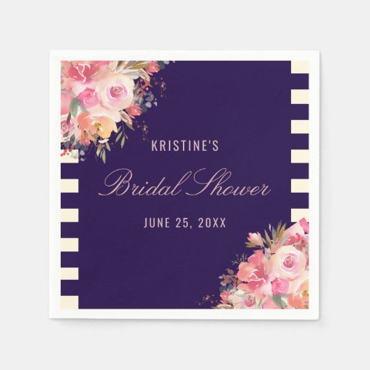 Serviette En Papier Élégant Blush Rose Floral Navy Bleu Stripes (Devant)