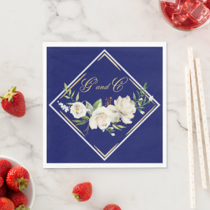 Serviette En Papier Élégant Boho Blue Floral Mariage Monogramme