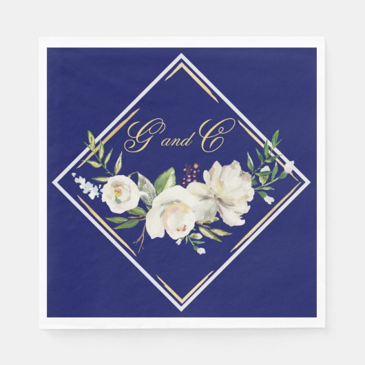 Serviette En Papier Élégant Boho Blue Floral Mariage Monogramme (Devant)