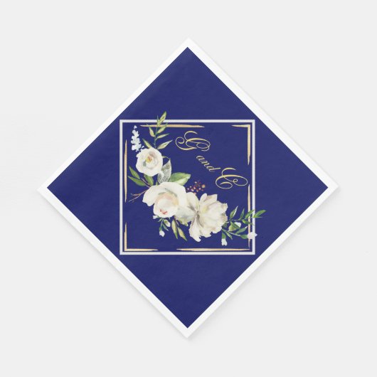 Serviette En Papier Élégant Boho Blue Floral Mariage Monogramme (Coin)