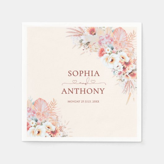 Serviette En Papier Elégant Boho Blush Aquarelle Floral Mariage (Devant)