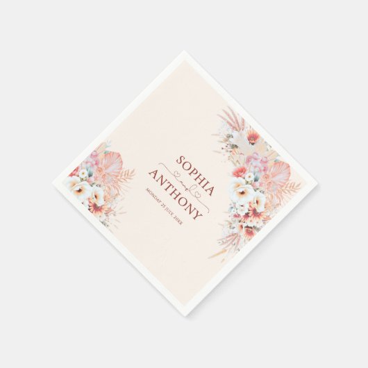 Serviette En Papier Elégant Boho Blush Aquarelle Floral Mariage (Coin)