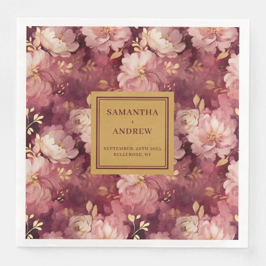 Serviette En Papier Élégant Boho Bourgogne Blush Mariage Or Napkins (Devant)