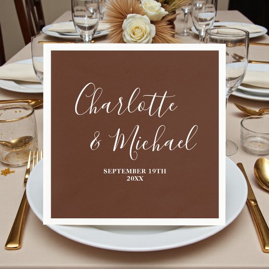Serviette En Papier Elegant Boho Brown Script Minimalist Wedding