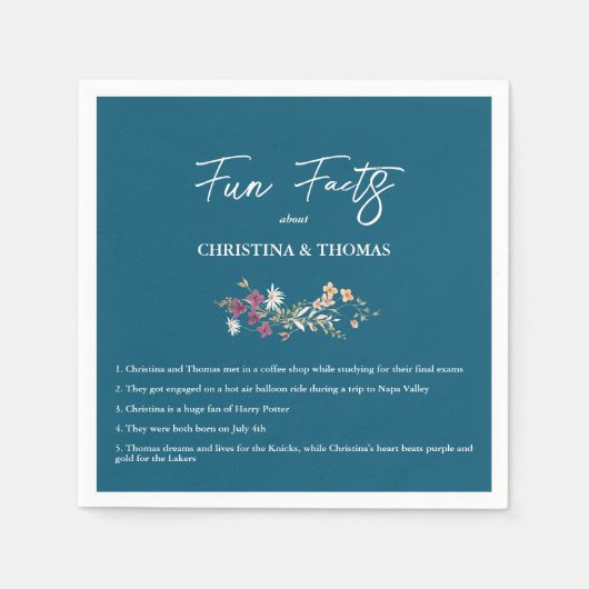 Serviette En Papier Elegant Boho Fleurs sauvages Blue Fun Facts Mariag (Devant)