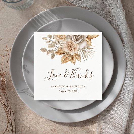 Serviette En Papier Elegant Boho Neutral Floral Amour & Merci Mariage