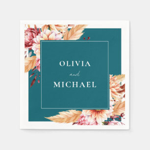 Serviette En Papier Élégant Boho Turquoise Chic Floral Mariage