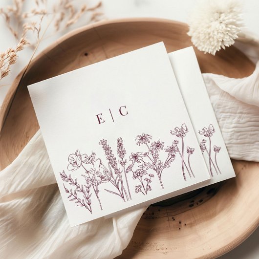 Serviette En Papier Elegant Boho violet Fleur sauvage initial Mariage 