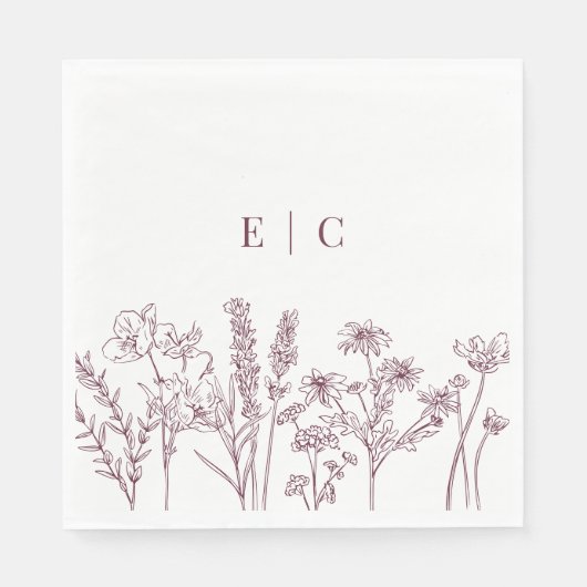 Serviette En Papier Elegant Boho violet Fleur sauvage initial Mariage  (Devant)