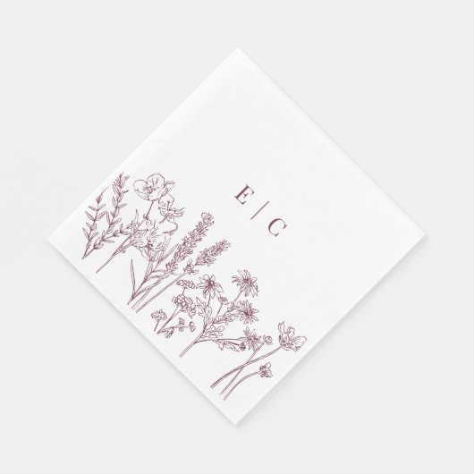 Serviette En Papier Elegant Boho violet Fleur sauvage initial Mariage  (Coin)