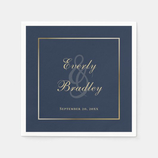 Serviette En Papier Élégant bordure dorée bleu marine foncé script  (Devant)