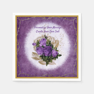 Serviette En Papier Elégant bouquet de rose violet or frontière orneme