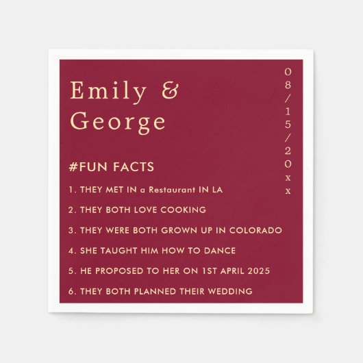 Serviette En Papier Élégant Bourgogne Gold Classy Fun Facts Mariage (Devant)