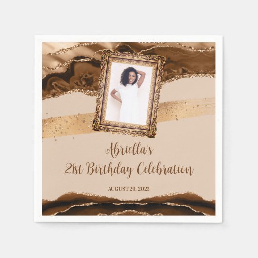 Serviette En Papier Élégant Brown Agate Photo Invitation (Devant)
