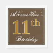 Serviette En Papier Elégant Brown, Faux Gold 11ème anniversaire + Nom (Devant)