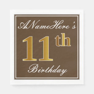 Serviette En Papier Elégant Brown, Faux Gold 11ème anniversaire + Nom