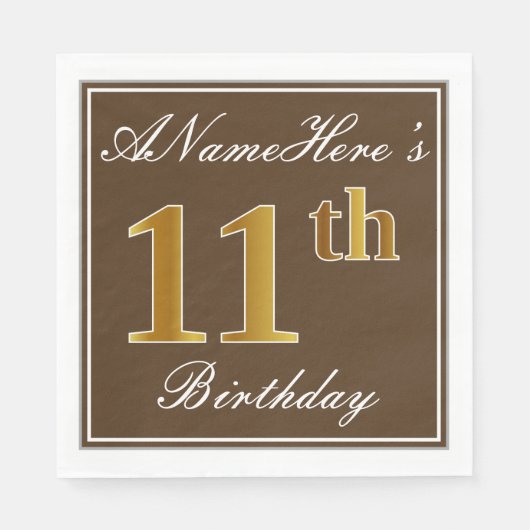 Serviette En Papier Elégant Brown, Faux Gold 11ème anniversaire + Nom (Devant)