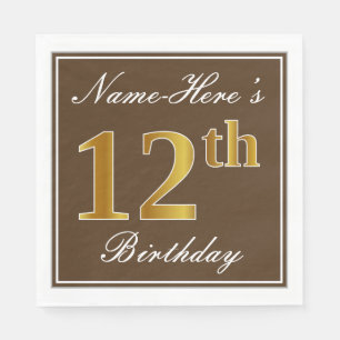 Serviette En Papier Elégant Brown, Faux Gold 12ème anniversaire + Nom