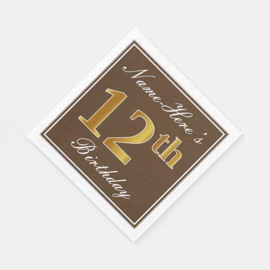 Serviette En Papier Elégant Brown, Faux Gold 12ème anniversaire + Nom (Coin)