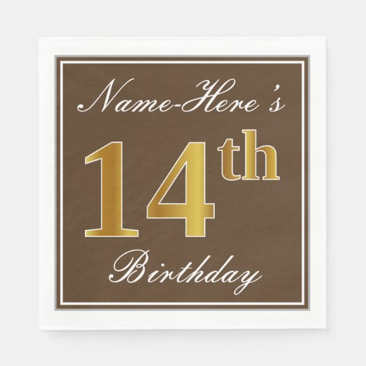 Serviette En Papier Elégant Brown, Faux Gold 14ème anniversaire + Nom (Devant)