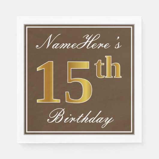 Serviette En Papier Elégant Brown, Faux Gold 15ème anniversaire + Nom (Devant)