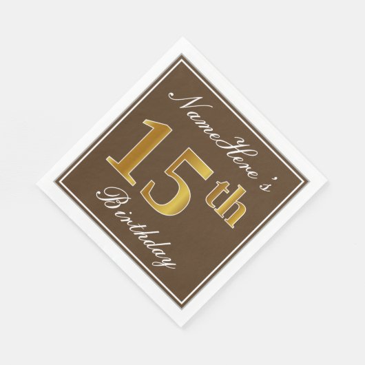 Serviette En Papier Elégant Brown, Faux Gold 15ème anniversaire + Nom (Coin)