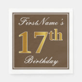 Serviette En Papier Elégant Brown, Faux Gold 17ème anniversaire + Nom (Devant)