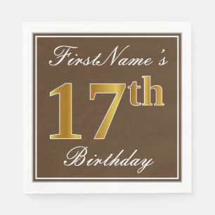 Serviette En Papier Elégant Brown, Faux Gold 17ème anniversaire + Nom