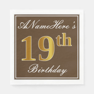 Serviette En Papier Elégant Brown, Faux Gold 19ème anniversaire + Nom
