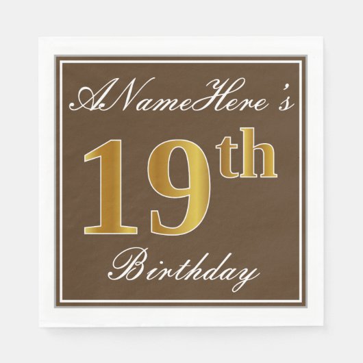 Serviette En Papier Elégant Brown, Faux Gold 19ème anniversaire + Nom (Devant)