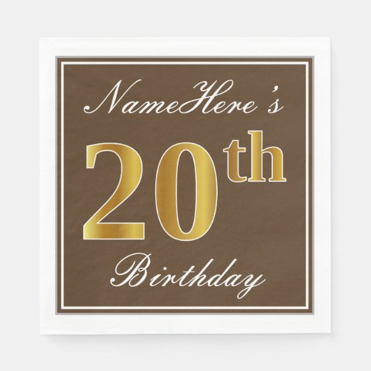 Serviette En Papier Elégant Brown, Faux Gold 20e anniversaire + Nom (Devant)
