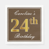Serviette En Papier Elégant Brown, Faux Gold 24ème anniversaire + Nom (Devant)