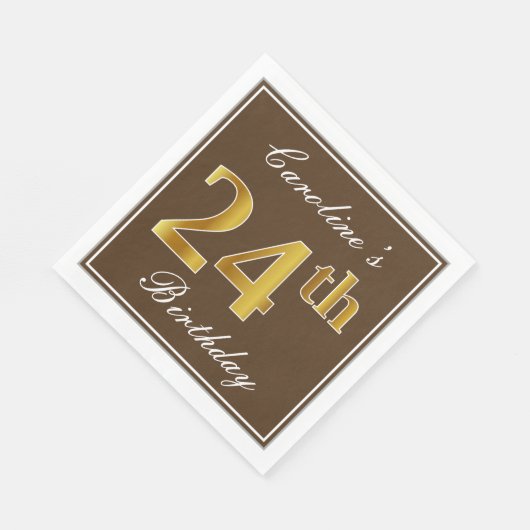 Serviette En Papier Elégant Brown, Faux Gold 24ème anniversaire + Nom (Coin)