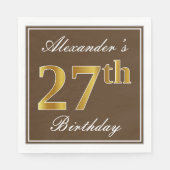 Serviette En Papier Elégant Brown, Faux Gold 27ème anniversaire + Nom (Devant)