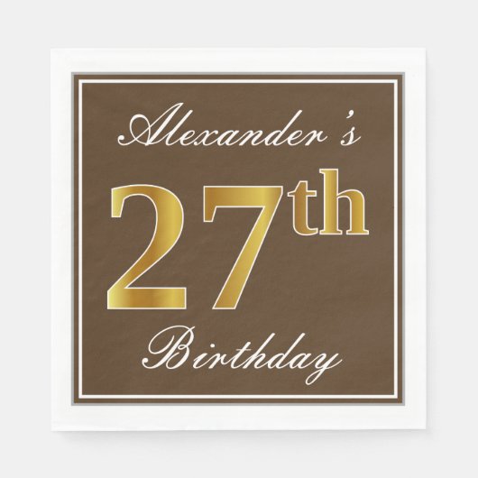 Serviette En Papier Elégant Brown, Faux Gold 27ème anniversaire + Nom (Devant)
